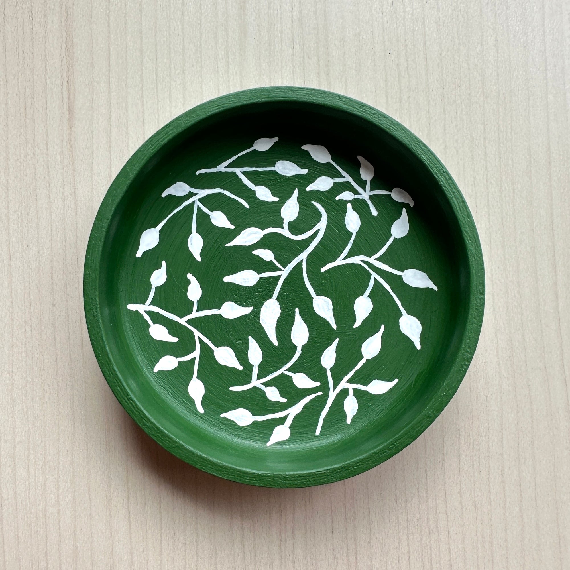 White Vines on Dark Green - Hand Painted Wood Dish