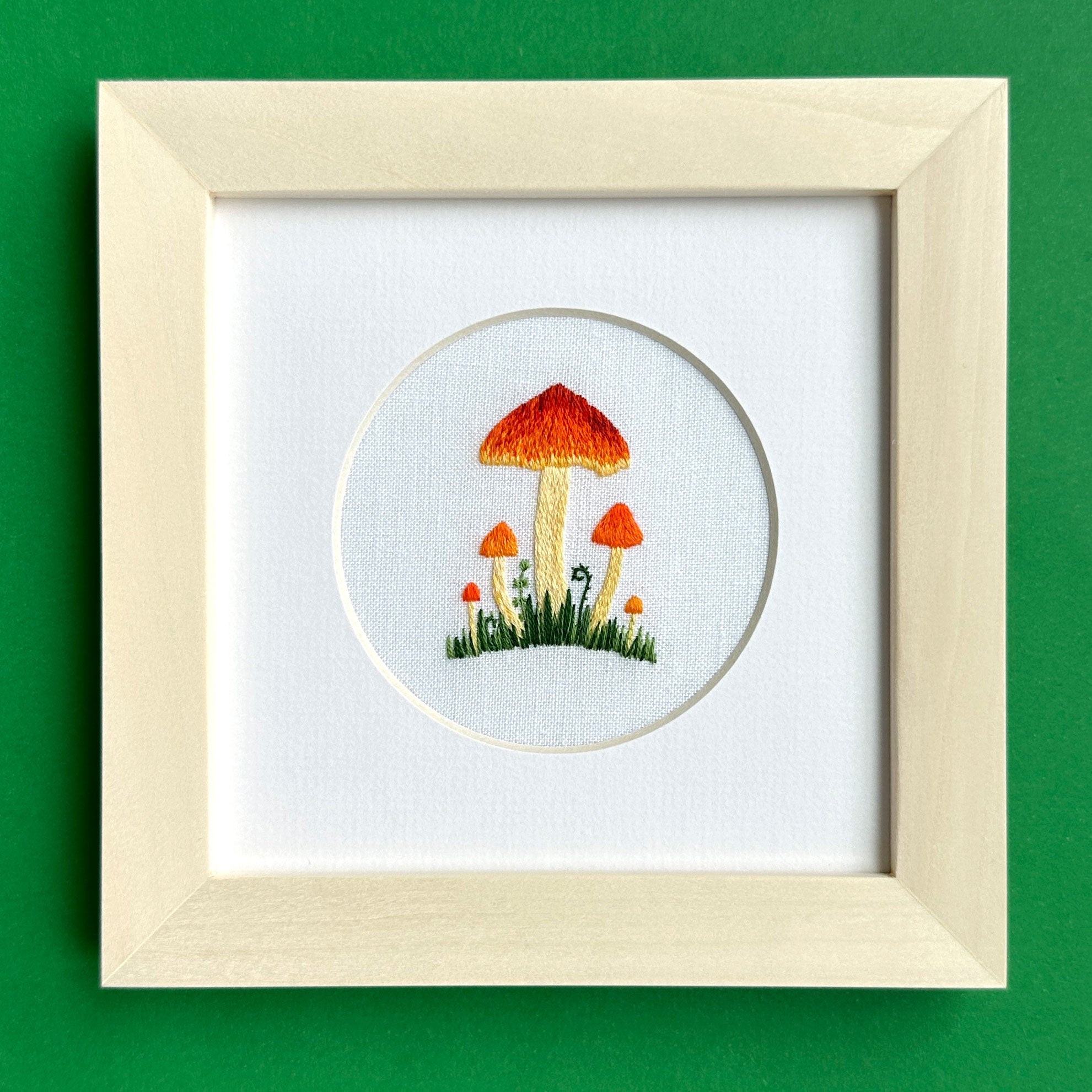 Witch's Hat Mushroom on White Linen Hand Embroidered Art