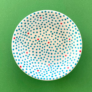 Turquoise Dots with Red 1 - Hand Painted Porcelain Round Bowl