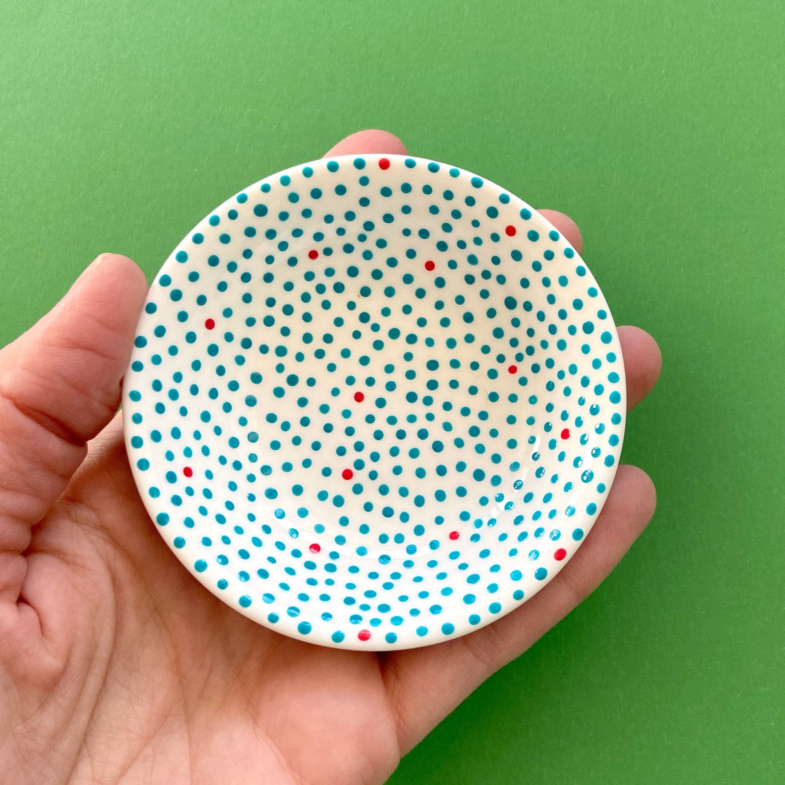 Turquoise Dots with Red 1 - Hand Painted Porcelain Round Bowl