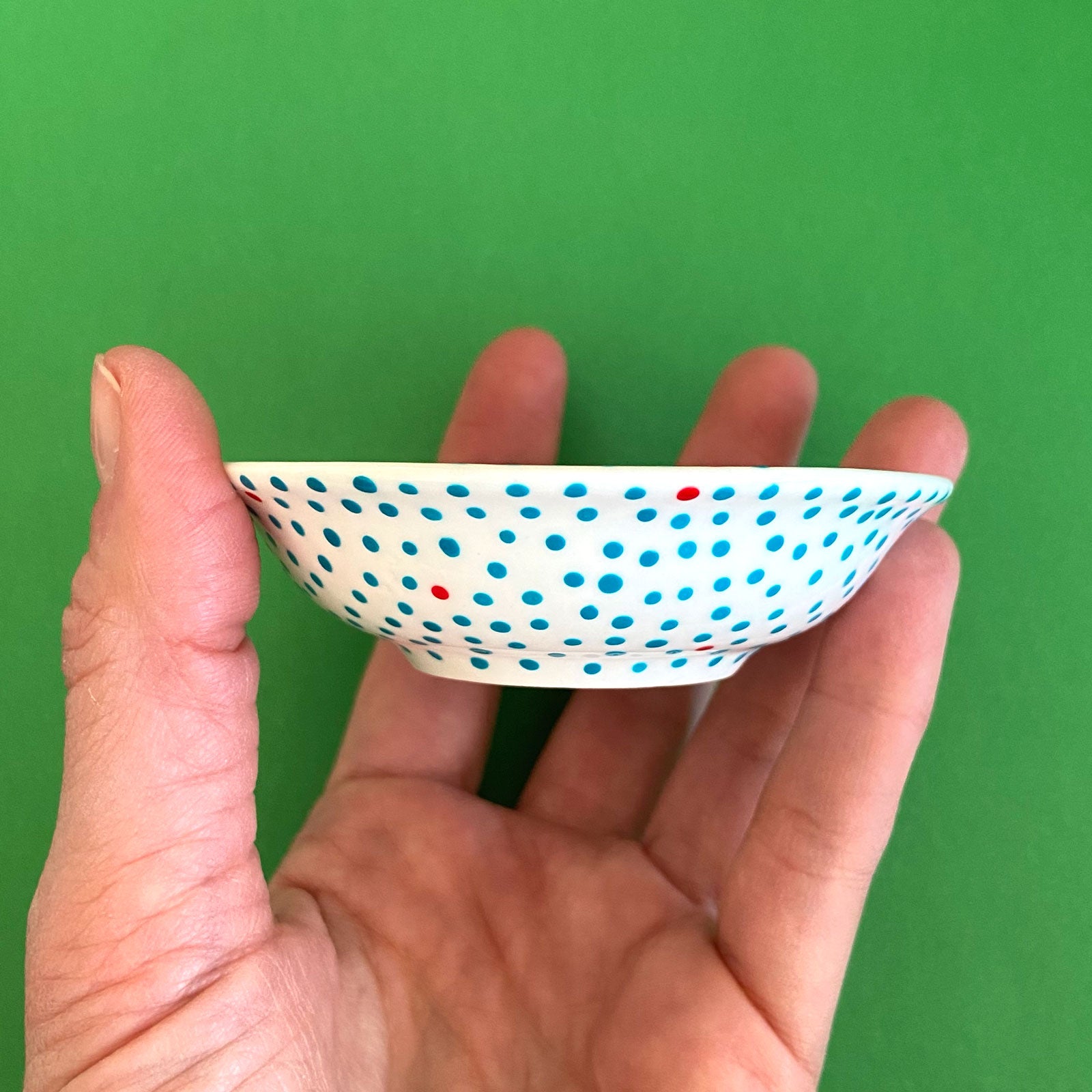 Turquoise Dots with Red 1 - Hand Painted Porcelain Round Bowl