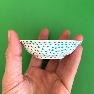 Turquoise Dots with Red 1 - Hand Painted Porcelain Round Bowl