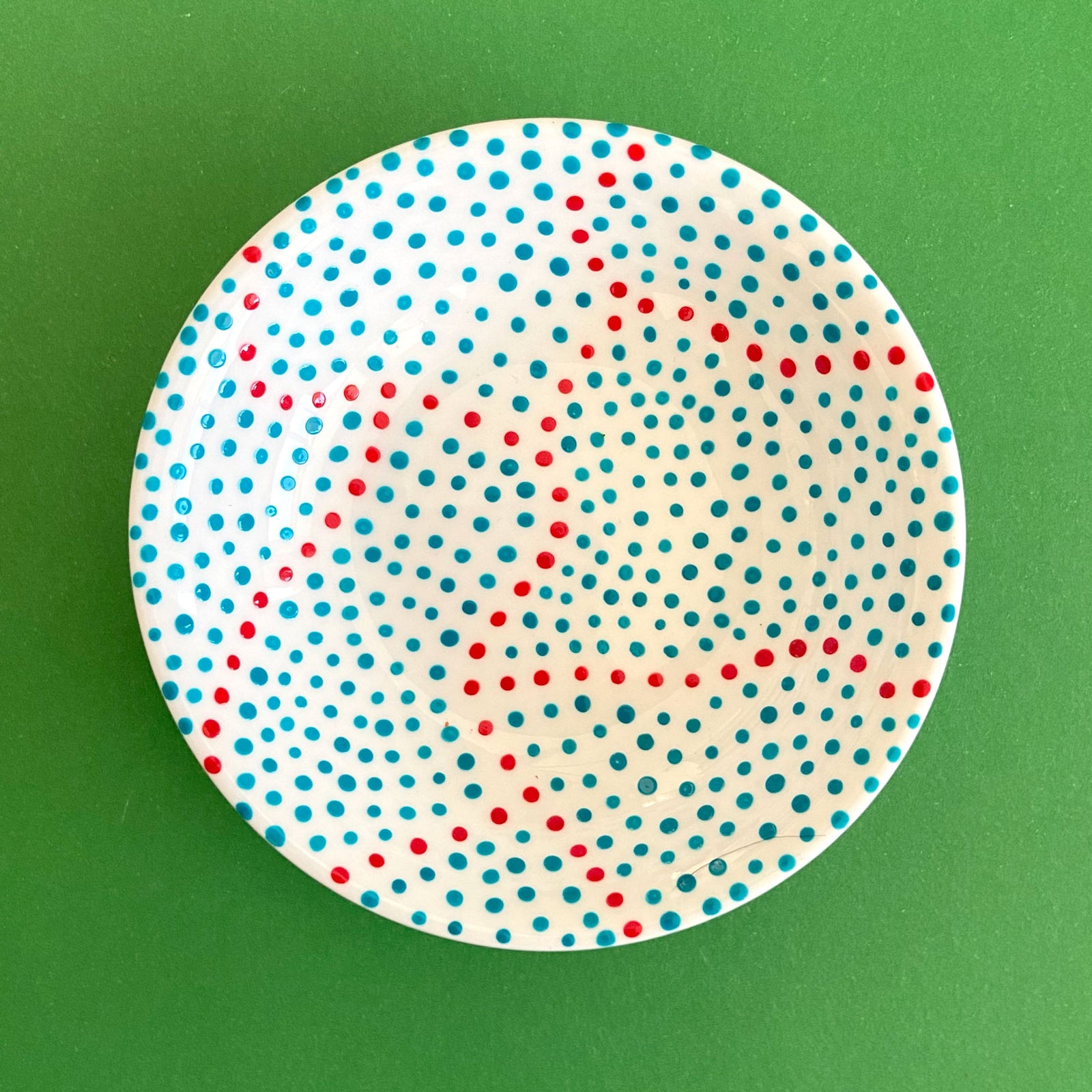 Turquoise Dots with Red 2 - Hand Painted Porcelain Round Bowl