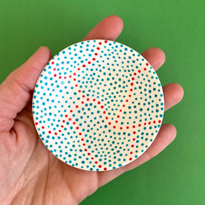 Turquoise Dots with Red 2 - Hand Painted Porcelain Round Bowl