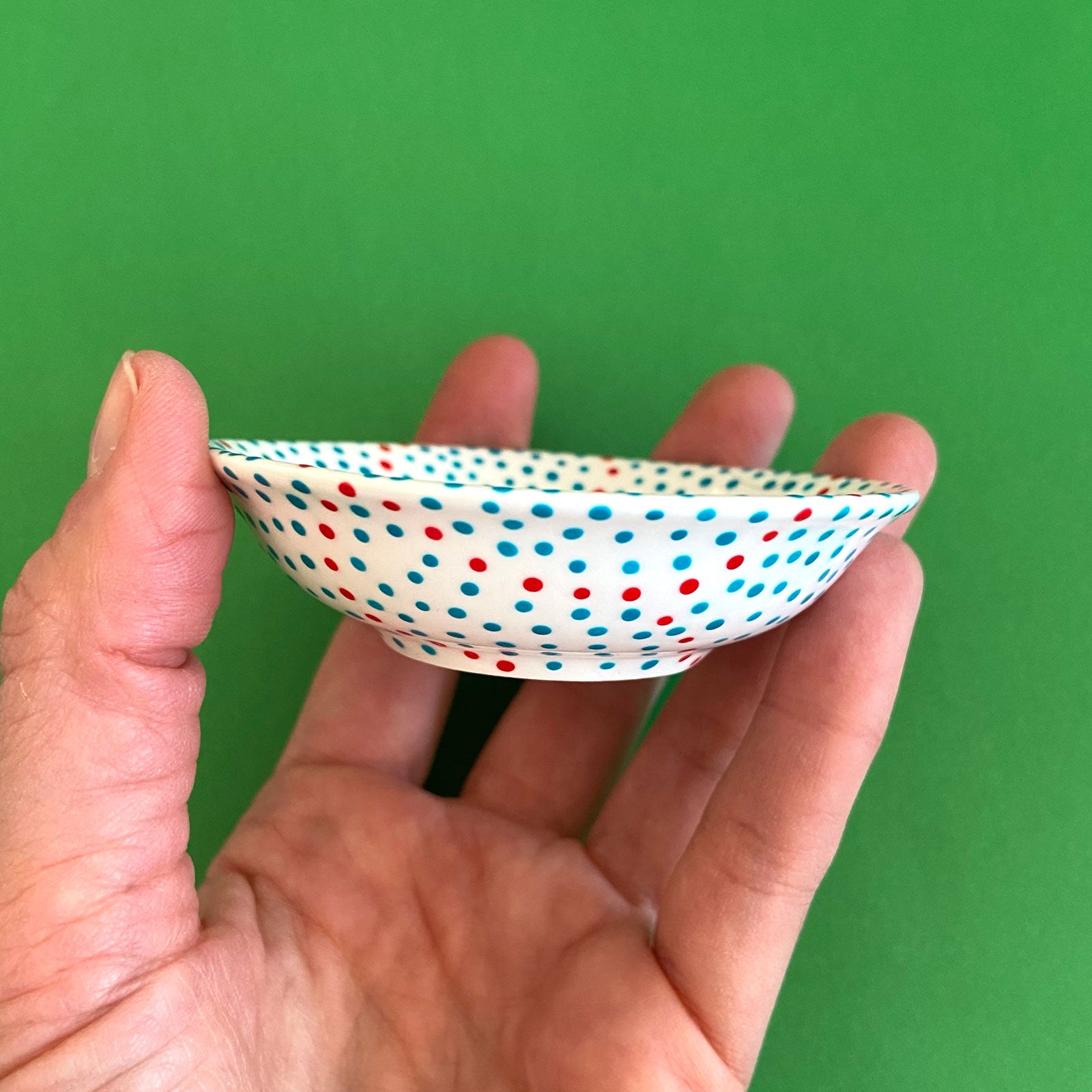 Turquoise Dots with Red 2 - Hand Painted Porcelain Round Bowl