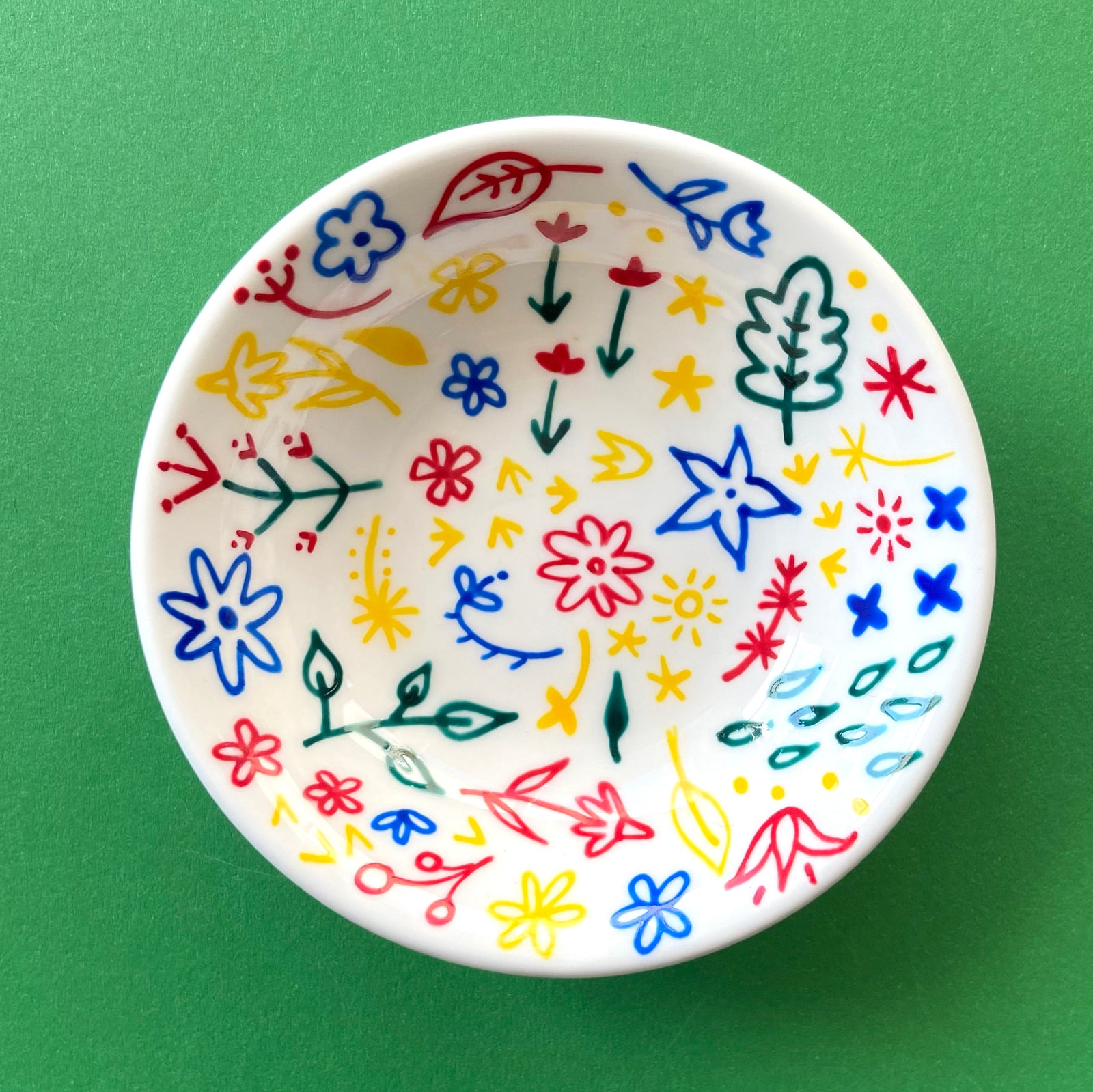 Yellow, Green, Red, Blue Flowers - Hand Painted Porcelain Round Bowl