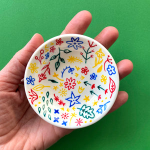 Yellow, Green, Red, Blue Flowers - Hand Painted Porcelain Round Bowl