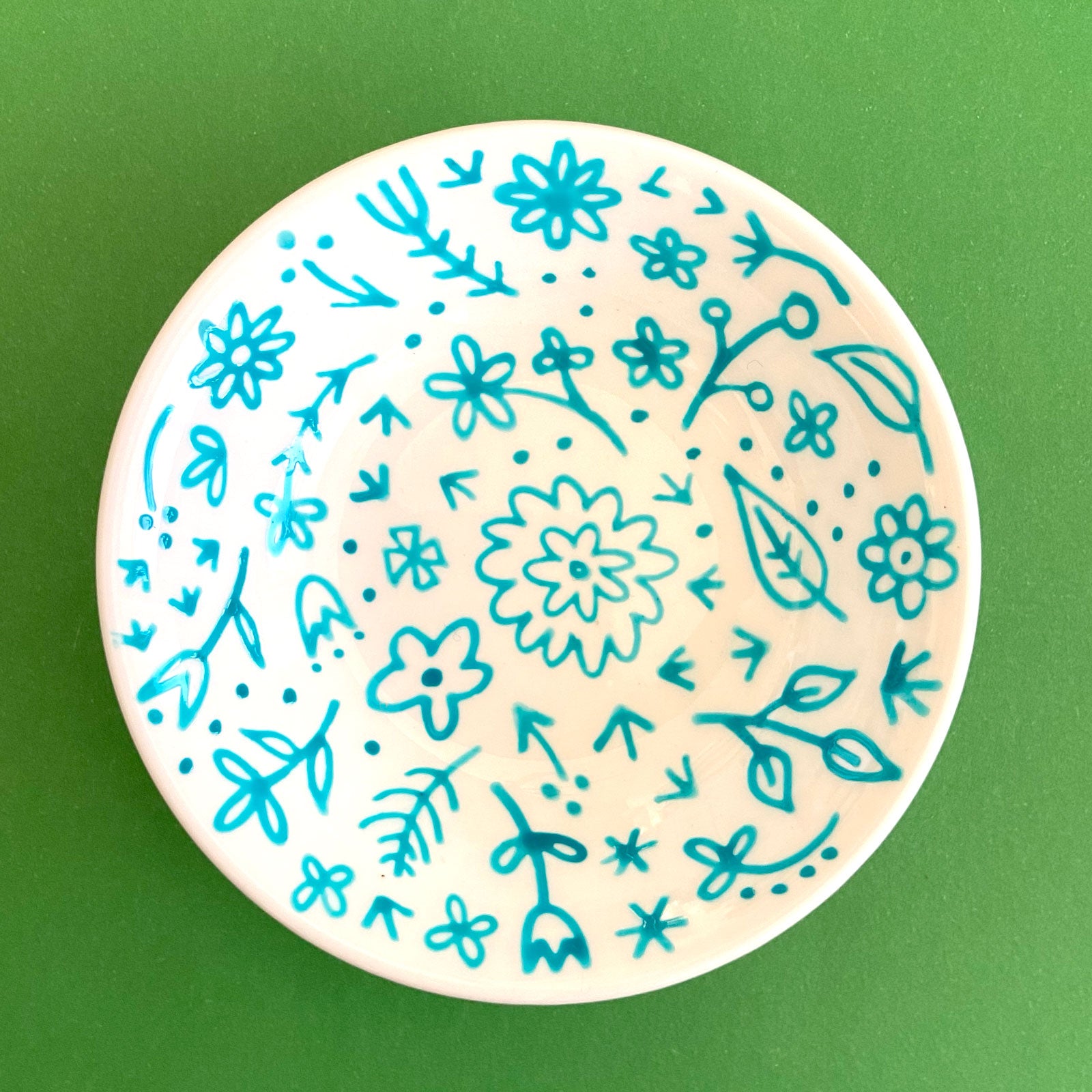 Turquoise Flowers - Hand Painted Porcelain Round Bowl