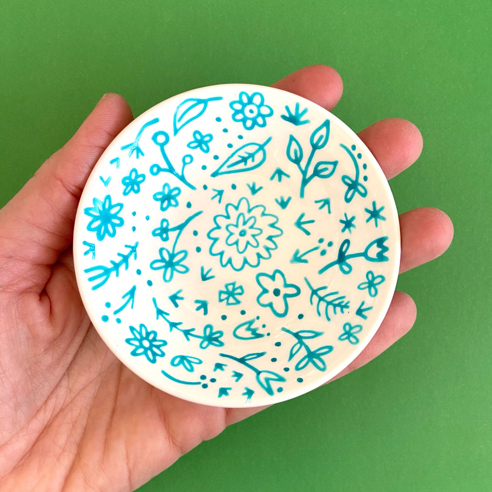 Turquoise Flowers - Hand Painted Porcelain Round Bowl