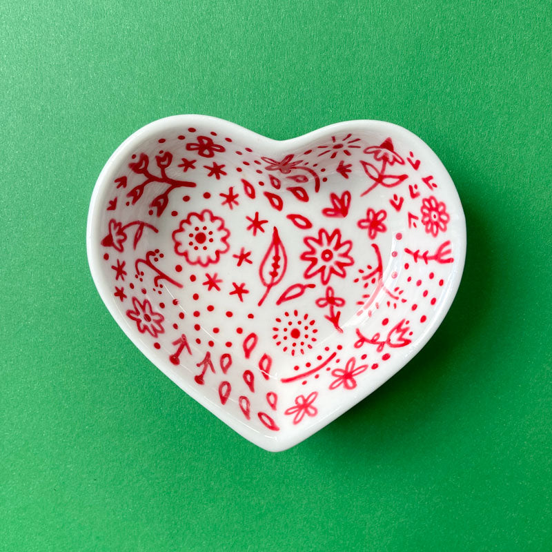 Red Floral 15 - Hand Painted Porcelain Heart Bowl