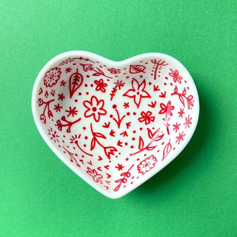 Red Floral 17 - Hand Painted Porcelain Heart Bowl