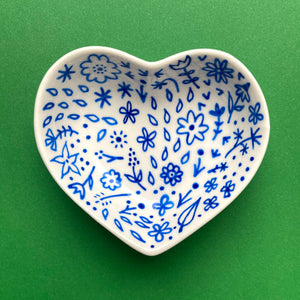 Blue Floral 17 - Hand Painted Porcelain Heart Bowl