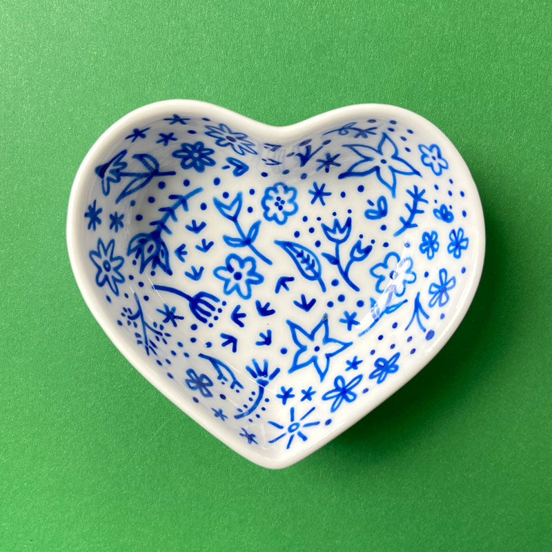 Blue Floral 18 - Hand Painted Porcelain Heart Bowl