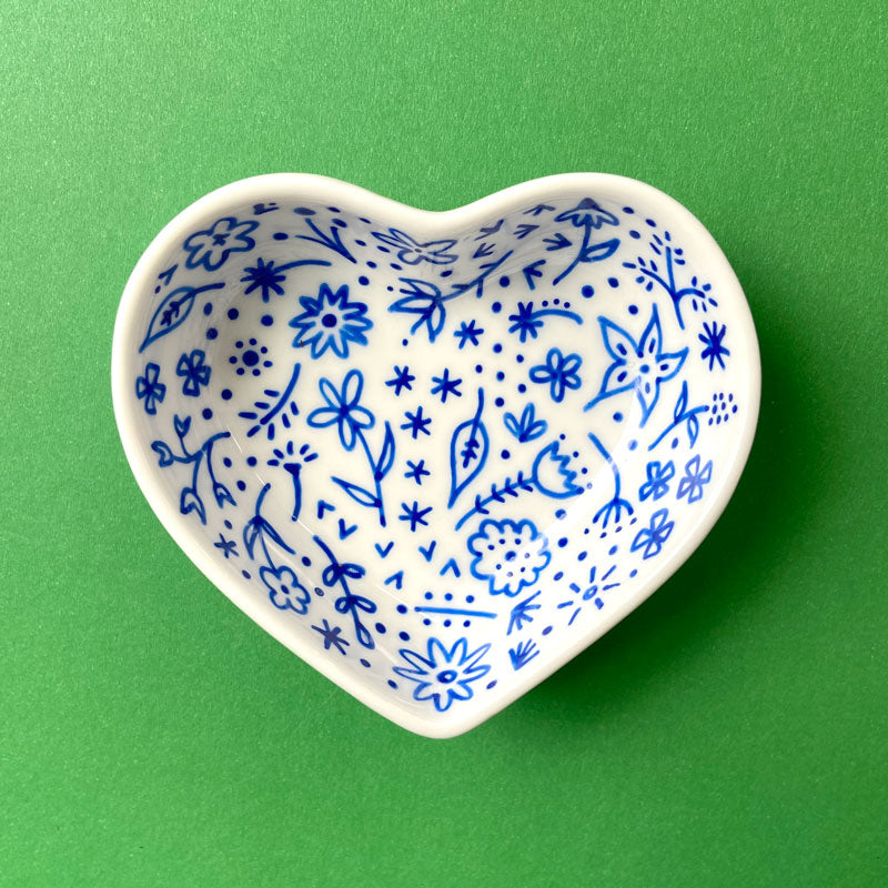 Blue Floral 19 - Hand Painted Porcelain Heart Bowl