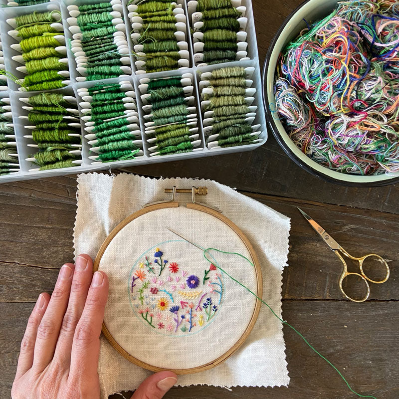 Mini Rainbow Flowers Style 2 on Cream Linen Hand Embroidered Art