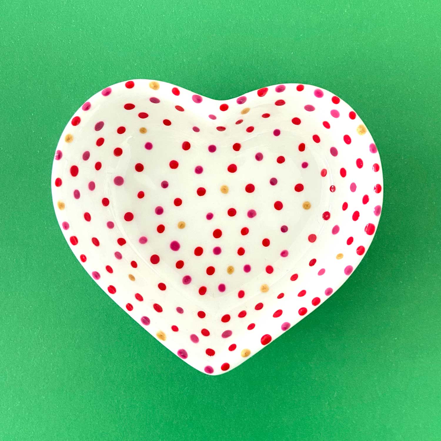 Gold, Red, and Pink Dots - Hand Painted Porcelain Heart Bowl