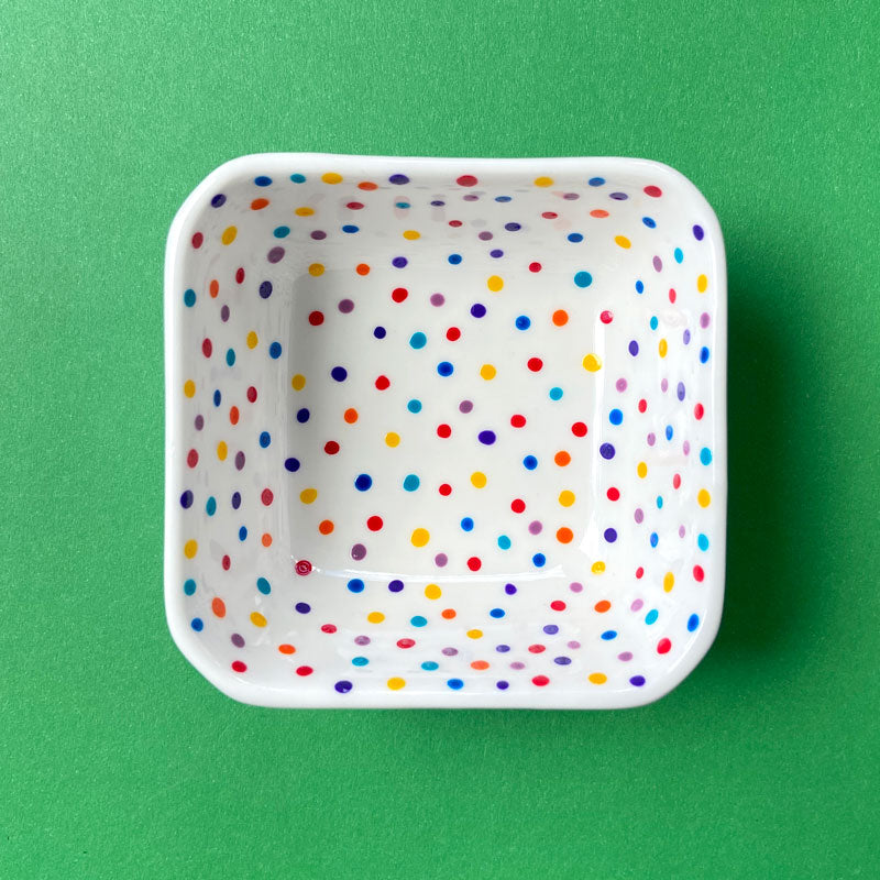 Rainbow Dot All Over 21 - Hand Painted Porcelain Square Bowl