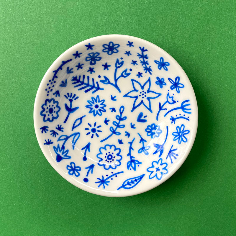 Blue Floral 23 - Hand Painted Porcelain Round Bowl