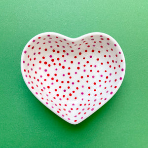 Red and Pink Dot All Over 25 - Hand Painted Porcelain Heart Bowl