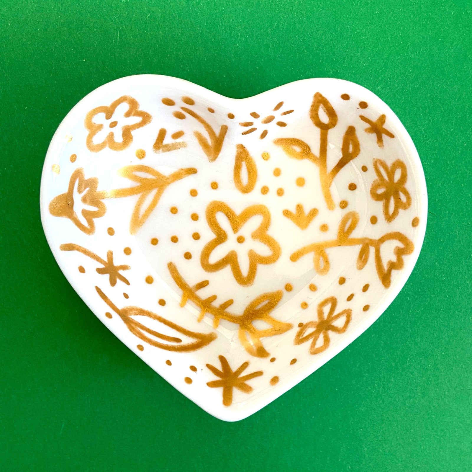 Gold Floral with Dots - Hand Painted Porcelain Heart Bowl