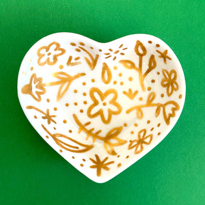 Gold Floral with Dots - Hand Painted Porcelain Heart Bowl