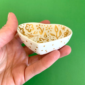 Gold Floral with Dots - Hand Painted Porcelain Heart Bowl