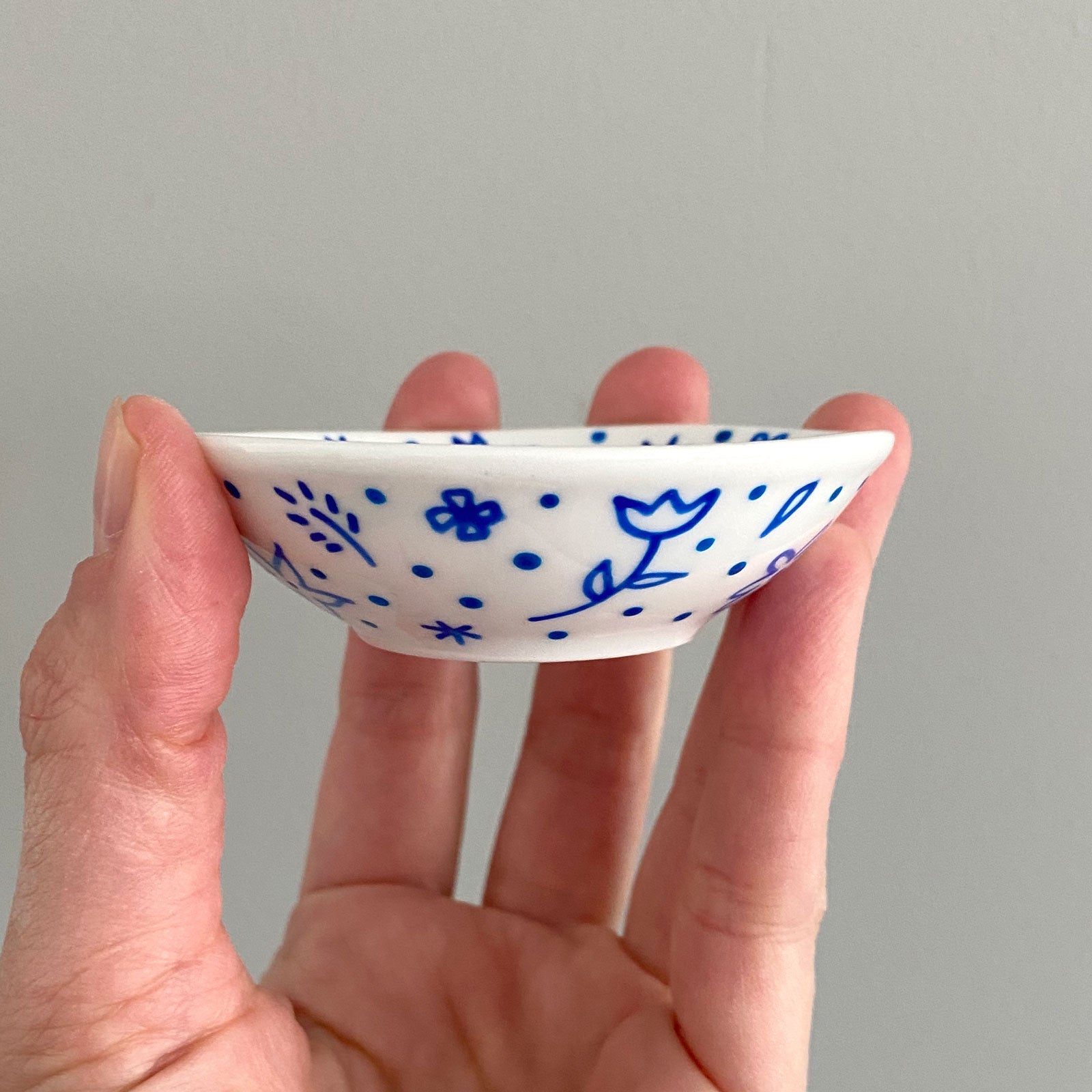 Blue Flowers and Dots All Over 3 - Hand Painted Porcelain Round Bowl