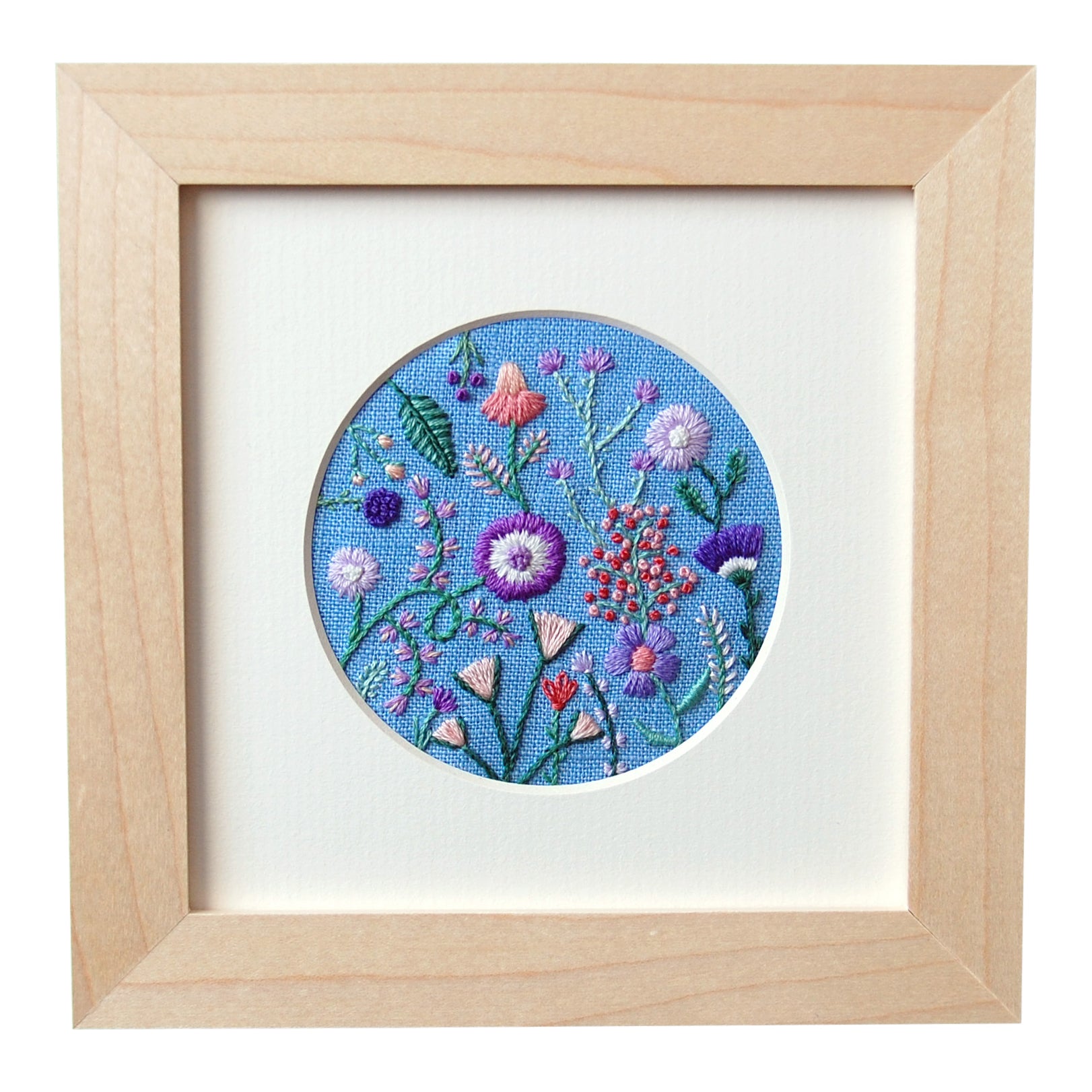 Purple, Orange, and Pink Flowers (3") on Light Blue Linen Hand Embroidered Art