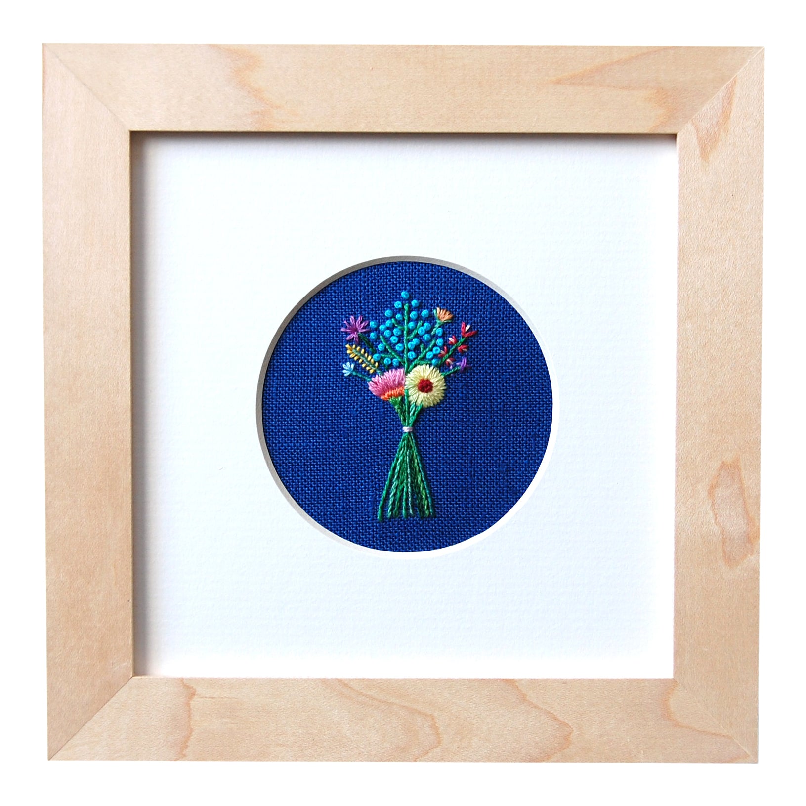 Rainbow Bouquet on Bright Blue Linen Hand Embroidered Art
