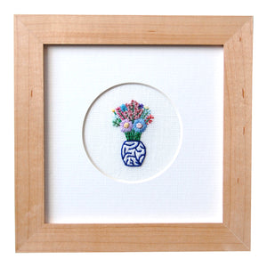 Flowers in a Blue and White Vase White Linen Hand Embroidered Art