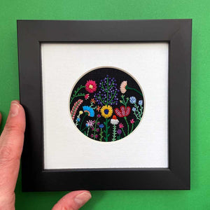 Rainbow Flowers (2.75") on Black Linen Hand Embroidered Art