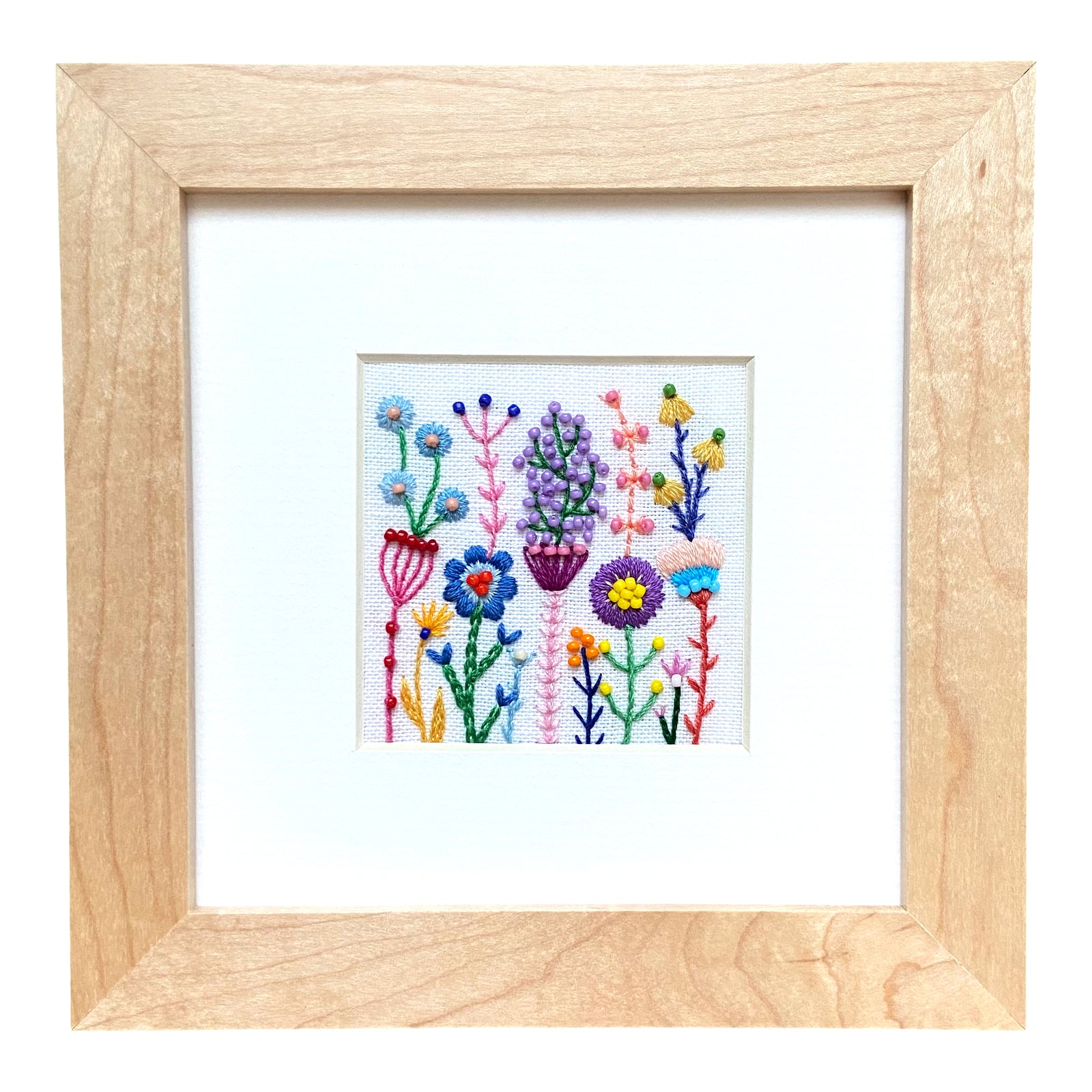 Beaded Rainbow Flowers Square (2.5") on White Linen Hand Embroidered Art