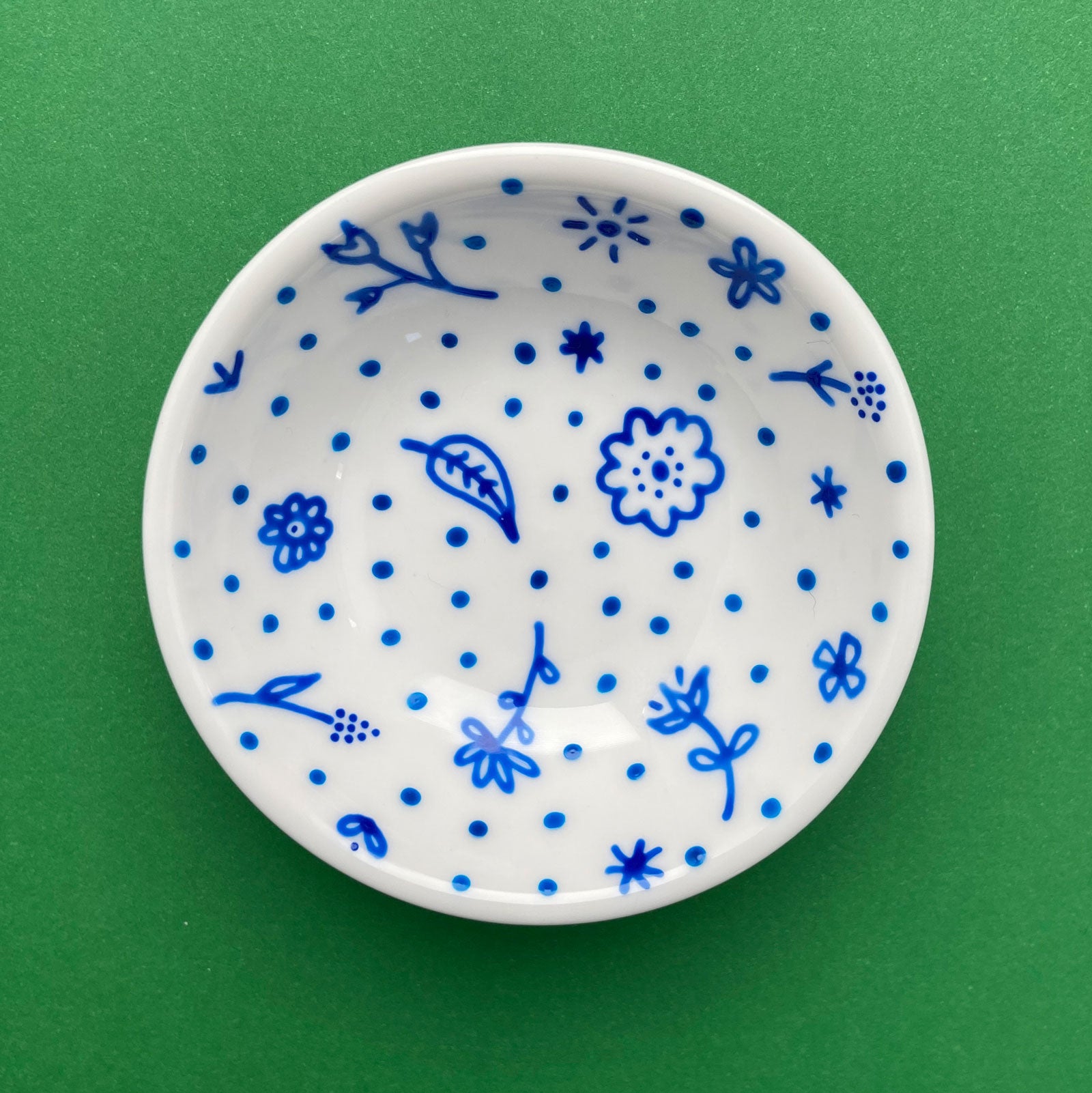 Blue Flowers and Dots All Over 3 - Hand Painted Porcelain Round Bowl