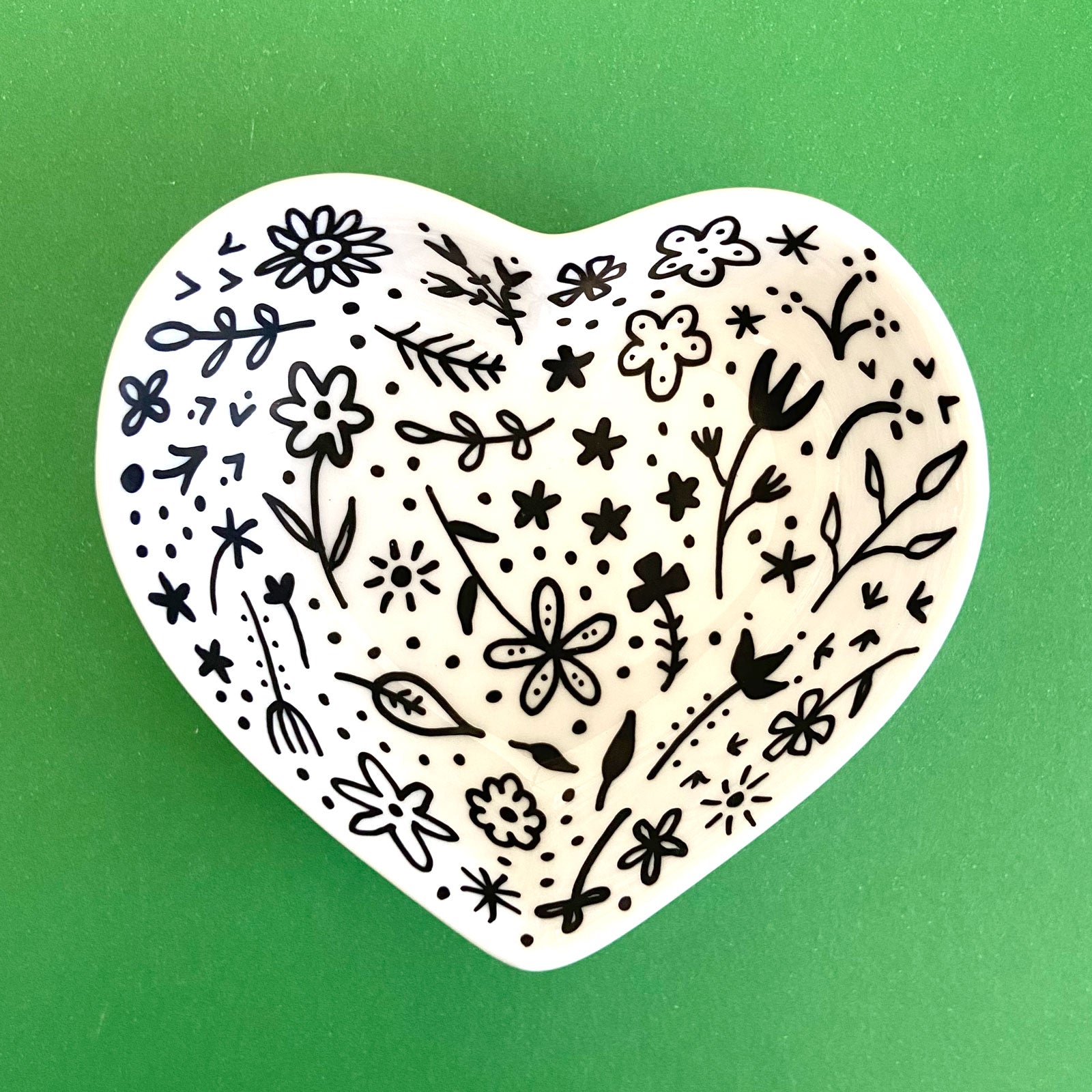 Black Floral - Hand Painted Porcelain Heart Bowl