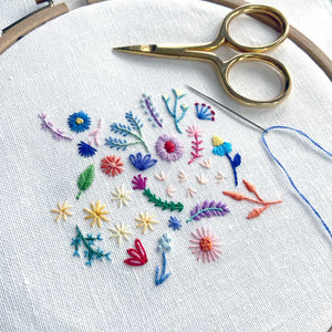 Rainbow Flowers (4.375 inches) on White Linen Hand Embroidered Art