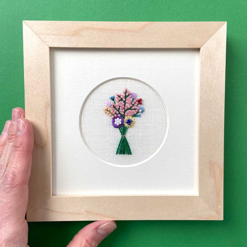 Beaded Floral Bouquet 2 on Cream Linen Hand Embroidered Art