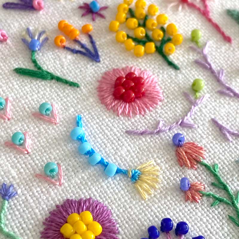 Beaded Rainbow Flowers Circle (3") on White Linen Hand Embroidered Art