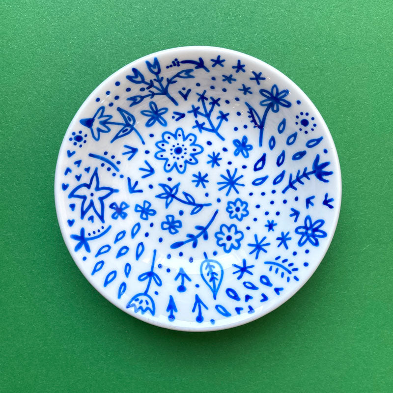 Blue Floral 4 - Hand Painted Porcelain Round Bowl