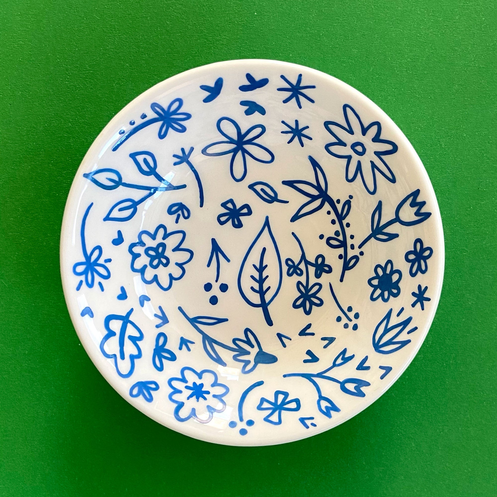 Medium Blue Flowers - Hand Painted Porcelain Round Bowl