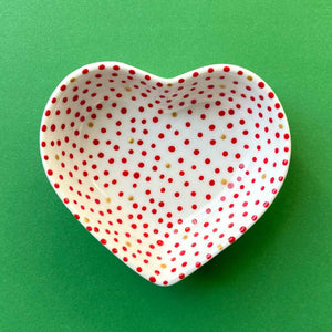 Red and Gold Dot 4 - Hand Painted Porcelain Heart Bowl
