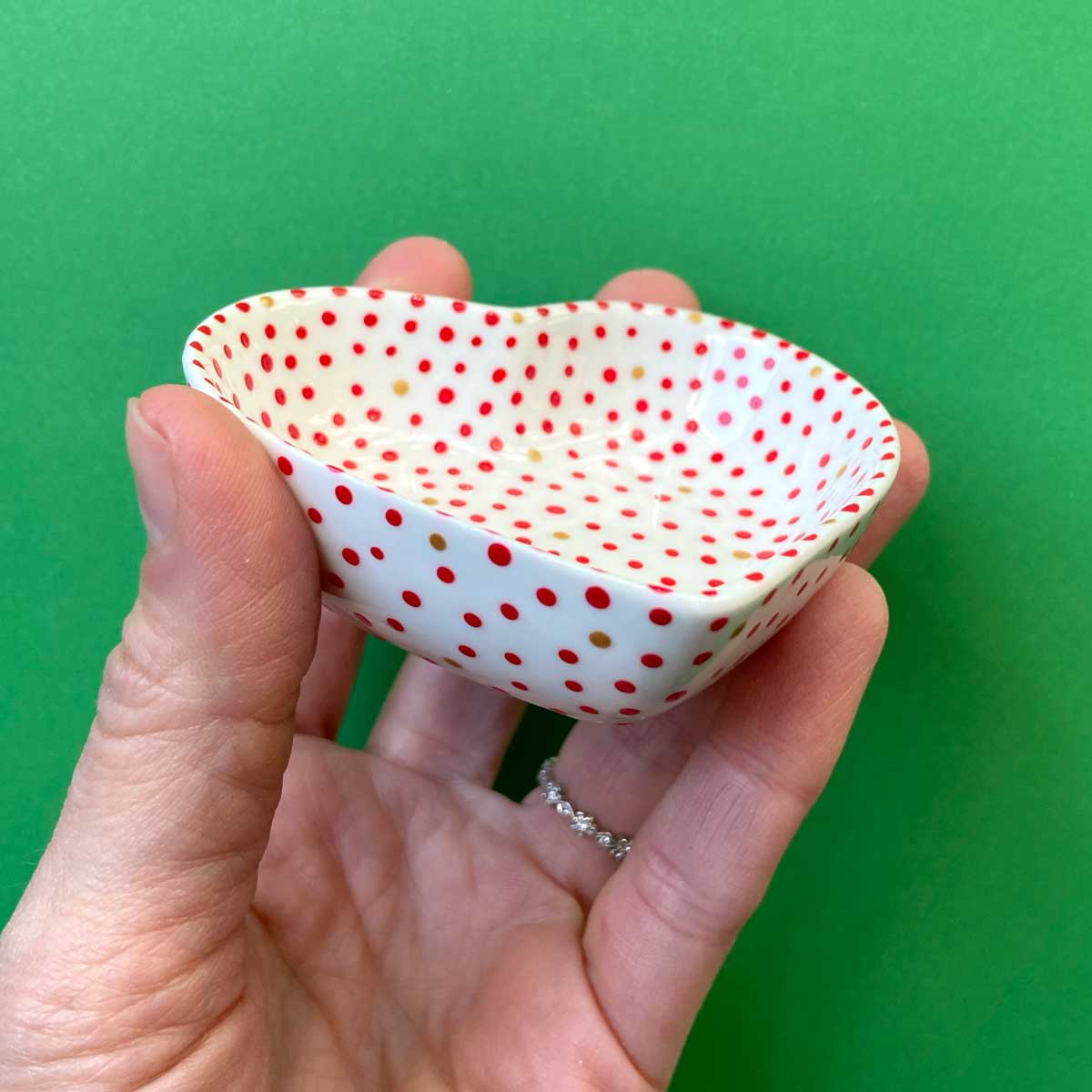 Red and Gold Dot 4 - Hand Painted Porcelain Heart Bowl