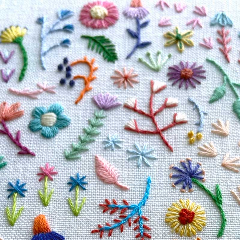 Summer Rainbow Flowers (5 inches) on White Linen Hand Embroidered Art