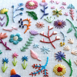 Summer Rainbow Flowers (5 inches) on White Linen Hand Embroidered Art
