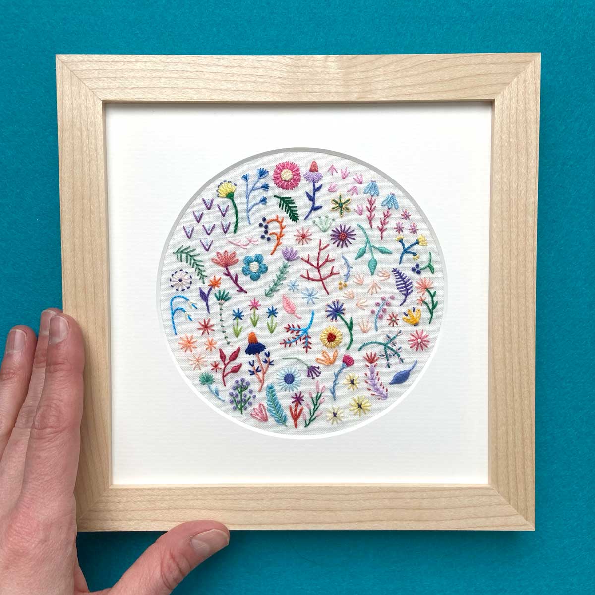 Summer Rainbow Flowers (5 inches) on White Linen Hand Embroidered Art
