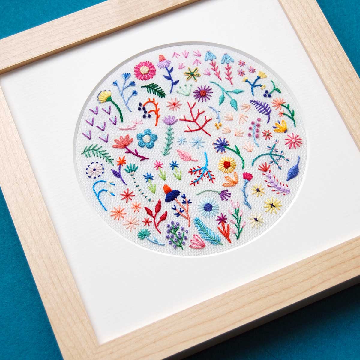 Summer Rainbow Flowers (5 inches) on White Linen Hand Embroidered Art