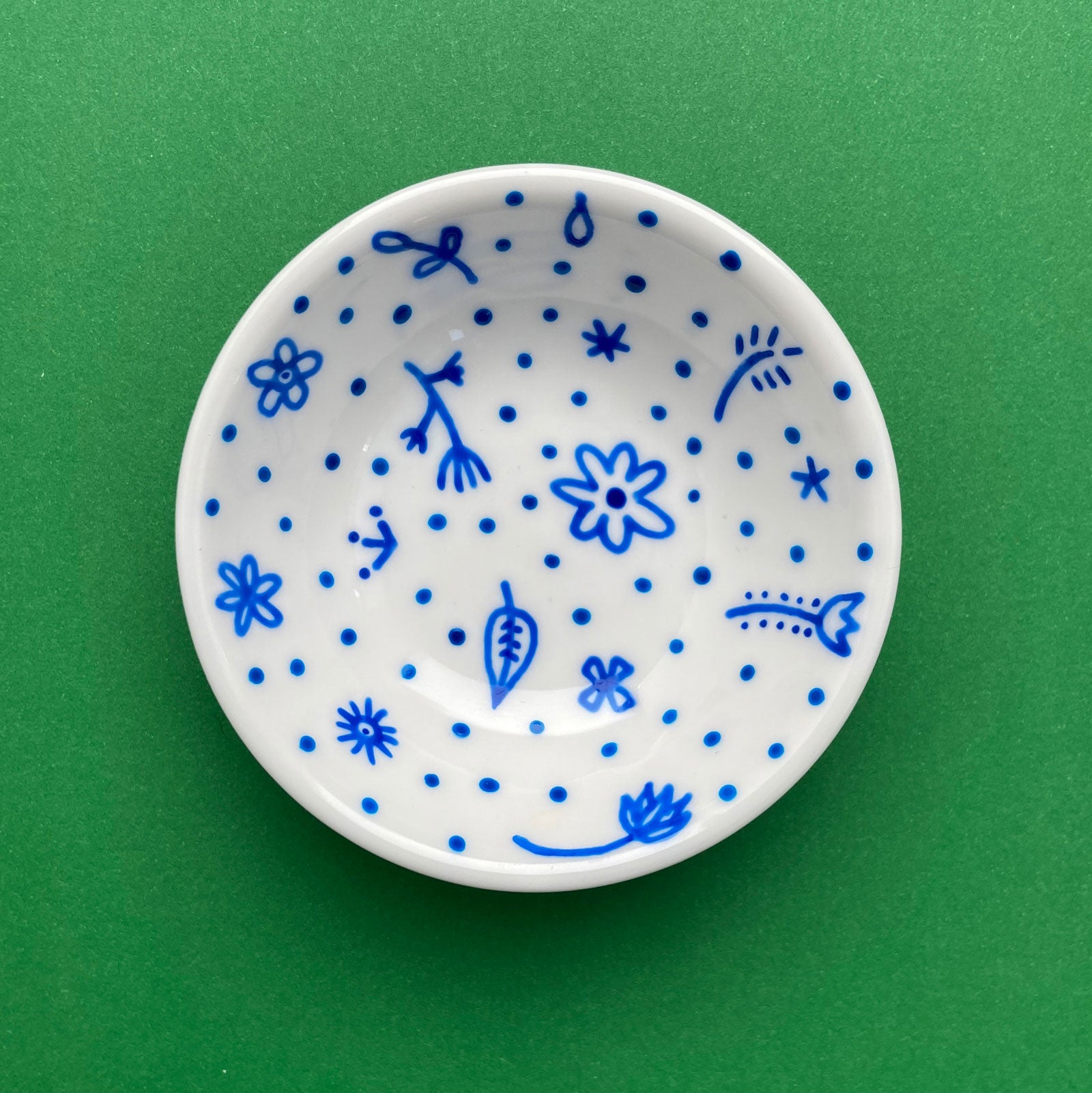 Blue Flowers and Dots All Over 6 - Hand Painted Porcelain Round Bowl