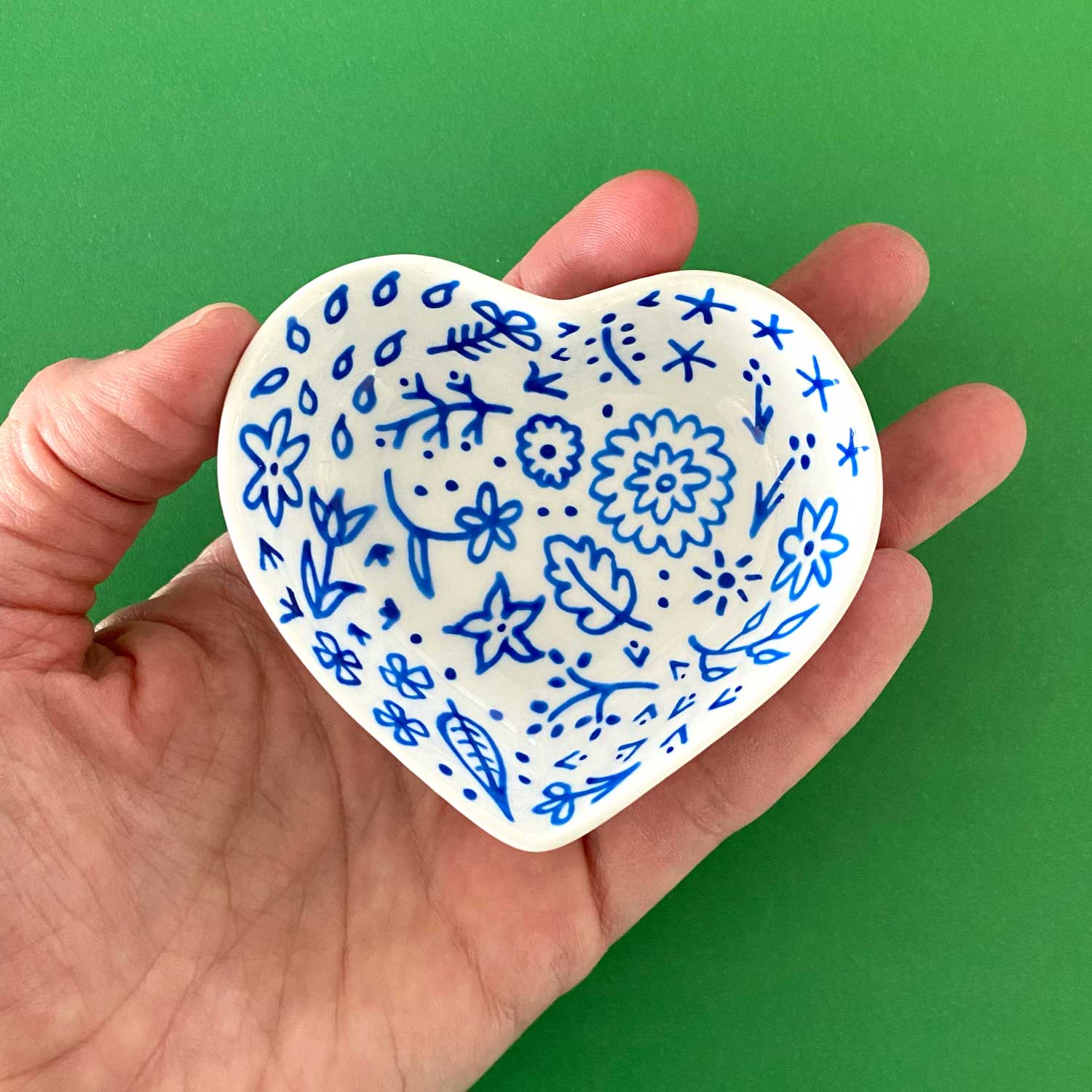 Blue Floral 7 - Hand Painted Porcelain Heart Bowl