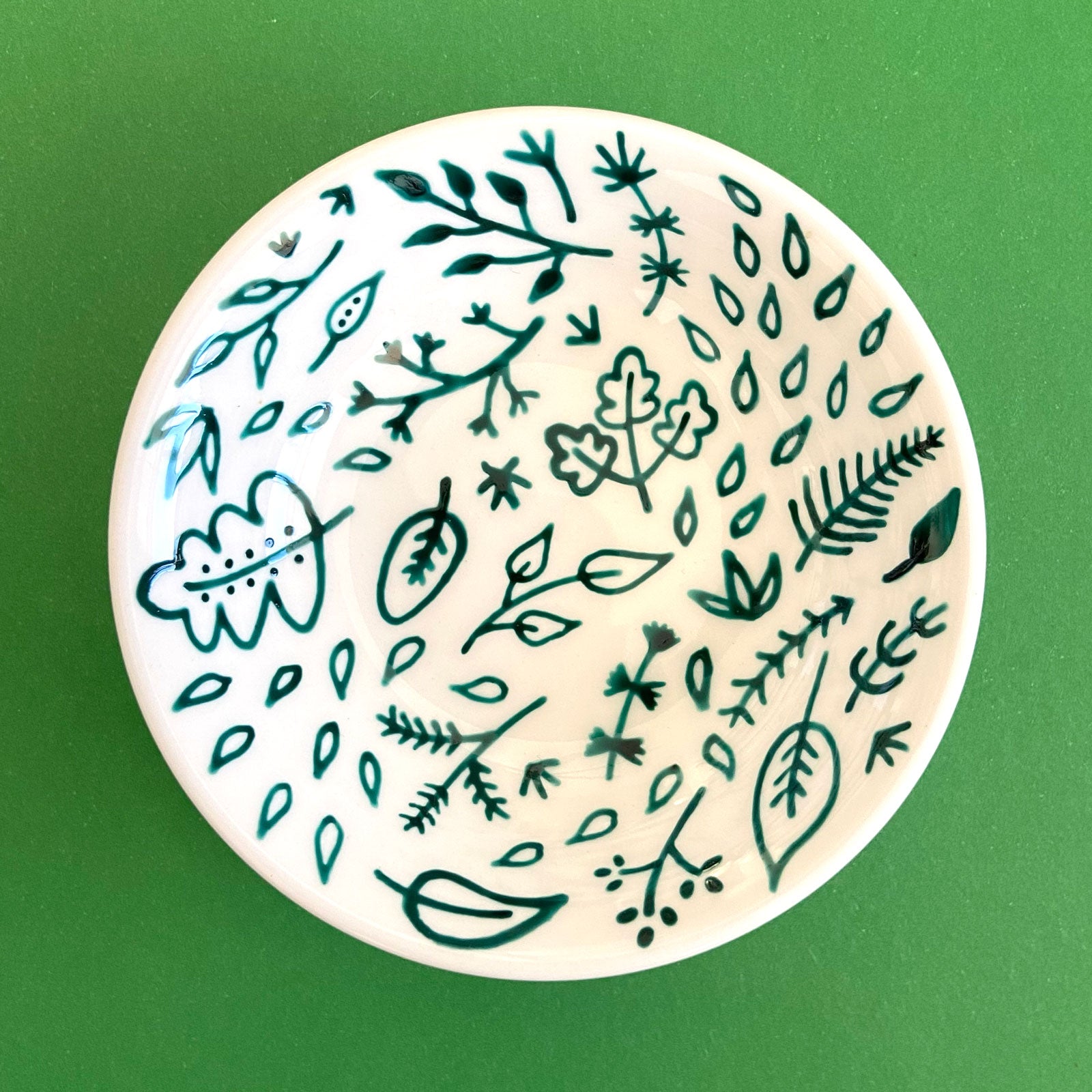 Dark Green Leaves & Ferns - Hand Painted Porcelain Round Bowl