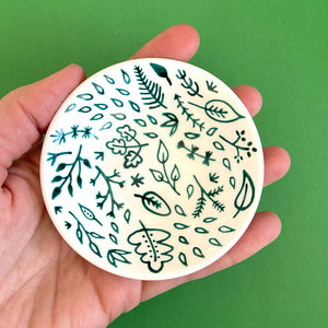 Dark Green Leaves & Ferns - Hand Painted Porcelain Round Bowl