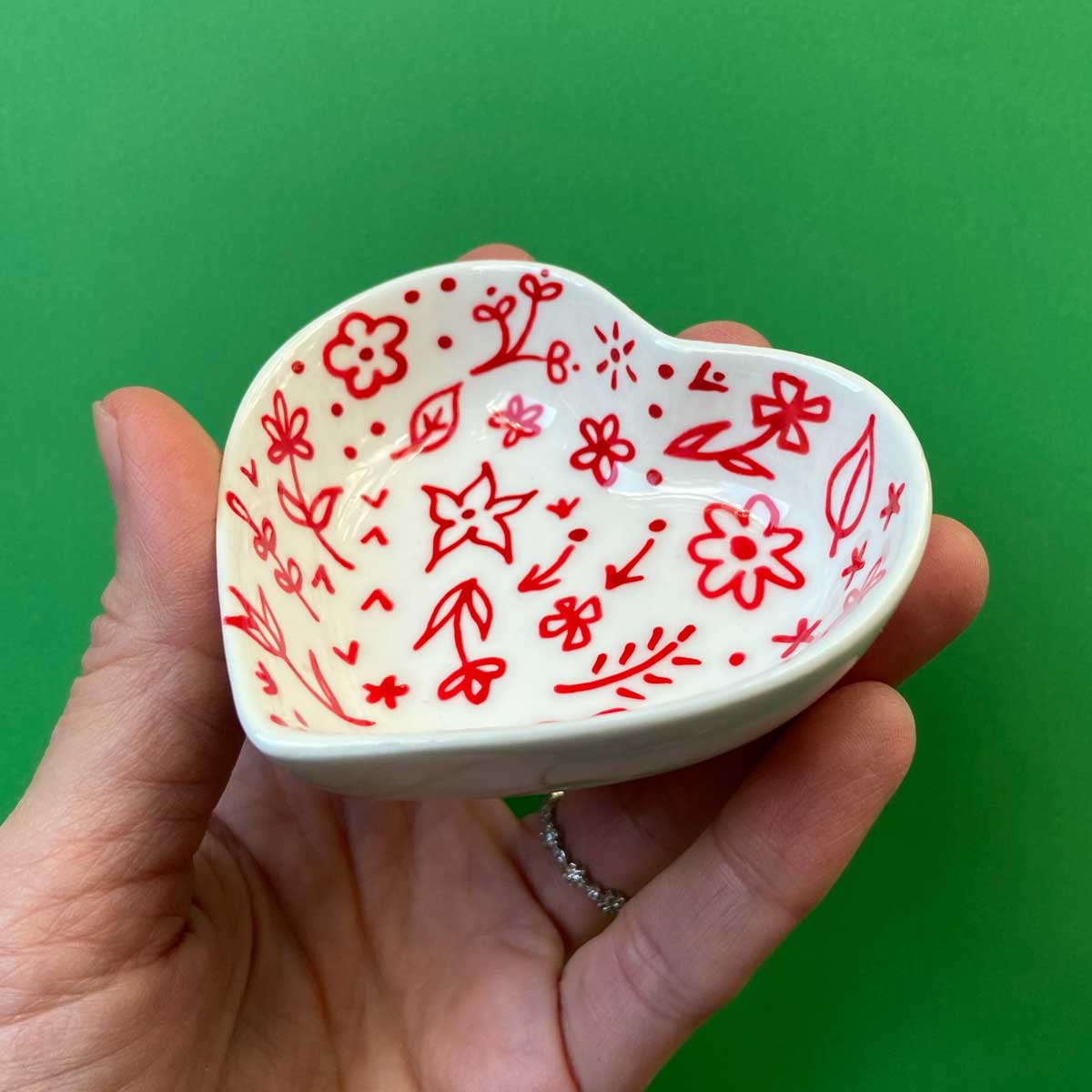 Red Floral 9 - Hand Painted Porcelain Heart Bowl